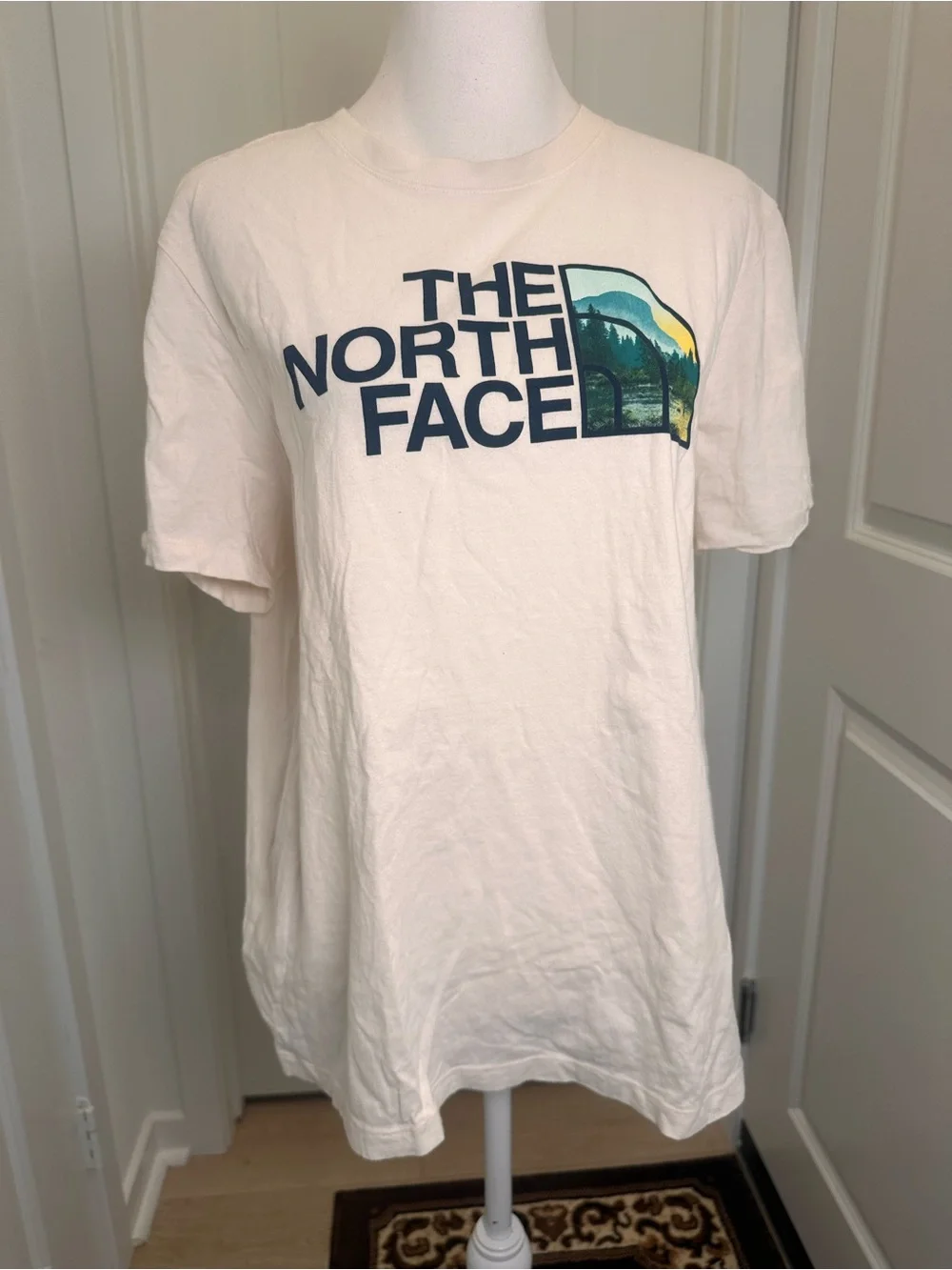 The North Face Men’s Cream Tee with Navy Logo and Scenic Graphic
